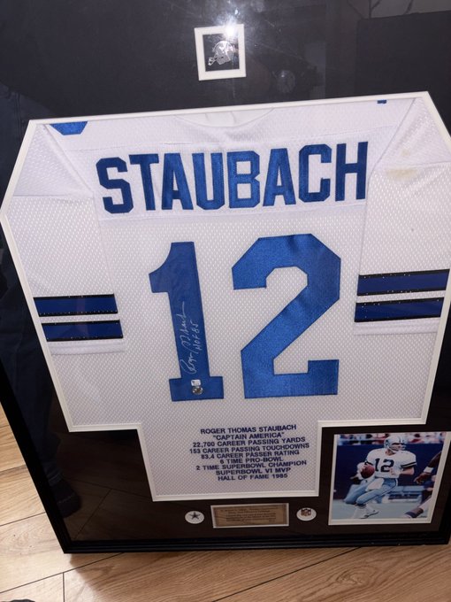 Framed Signed Roger Staubach Jersey – Vintage 1980s Style Sports Memorabilia