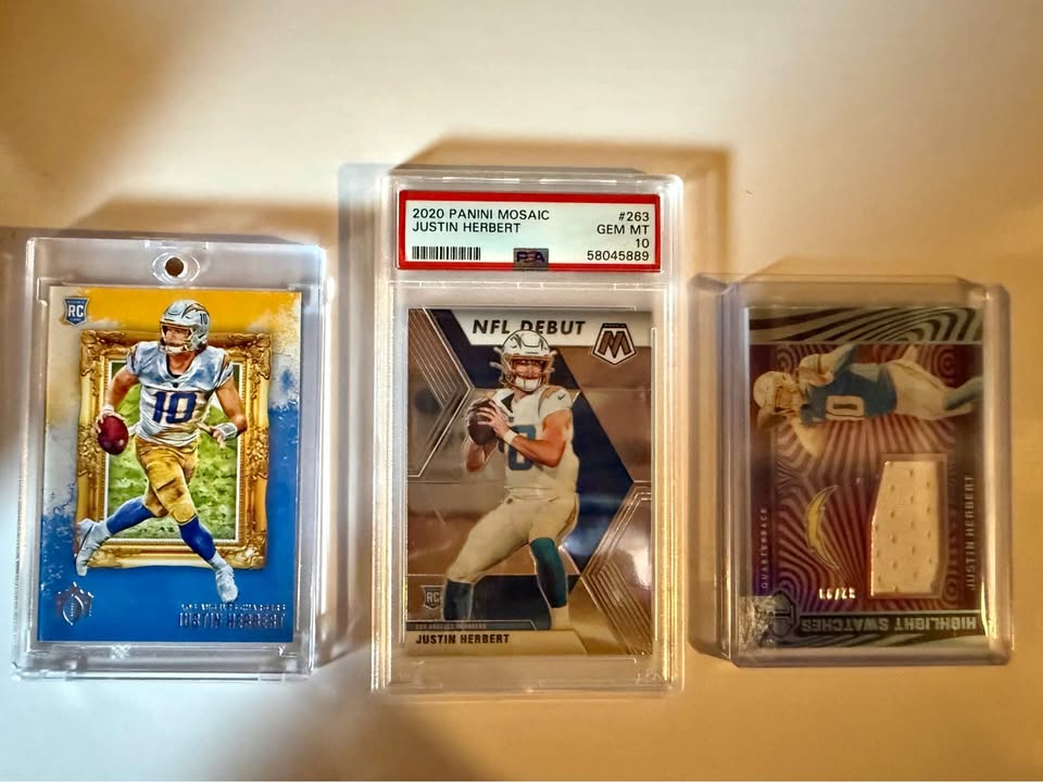 Justin Herbert Football Card Lot – PSA 10 Rookie + Mosaic NFL Debut + Memorabilia Patch /32 | Premium Chargers Collection