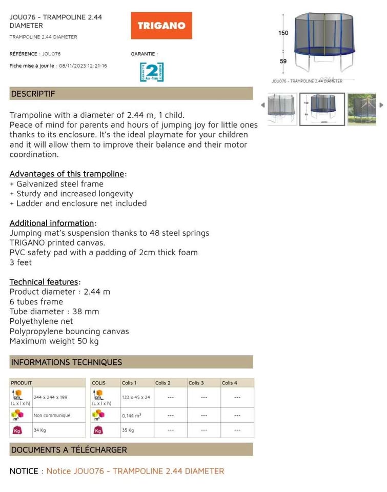 Trigano 2.44m Trampoline - Used