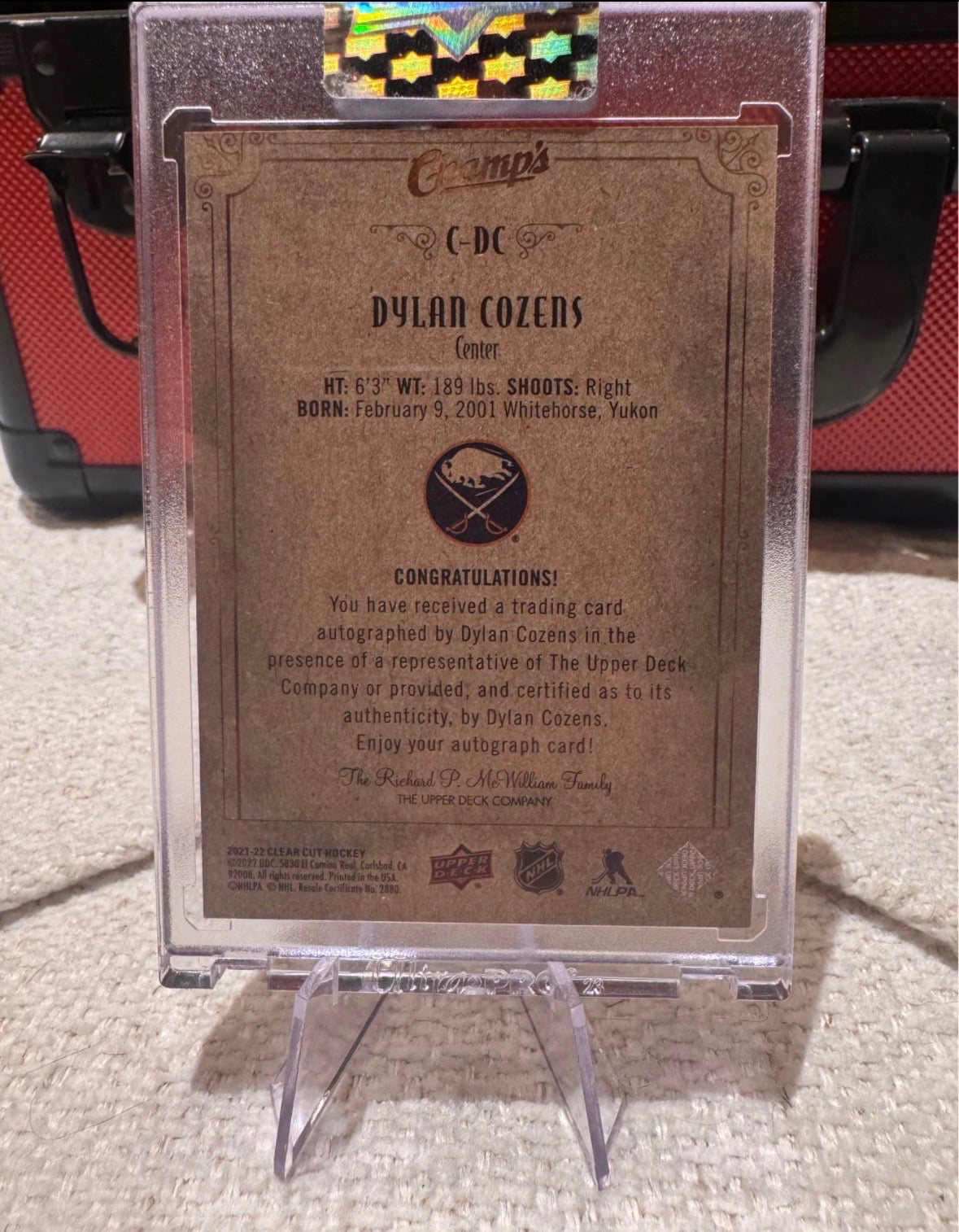 Dylan Cozens 2021-22 Clear Cut Champs Auto – Buffalo Sabres Signed Card