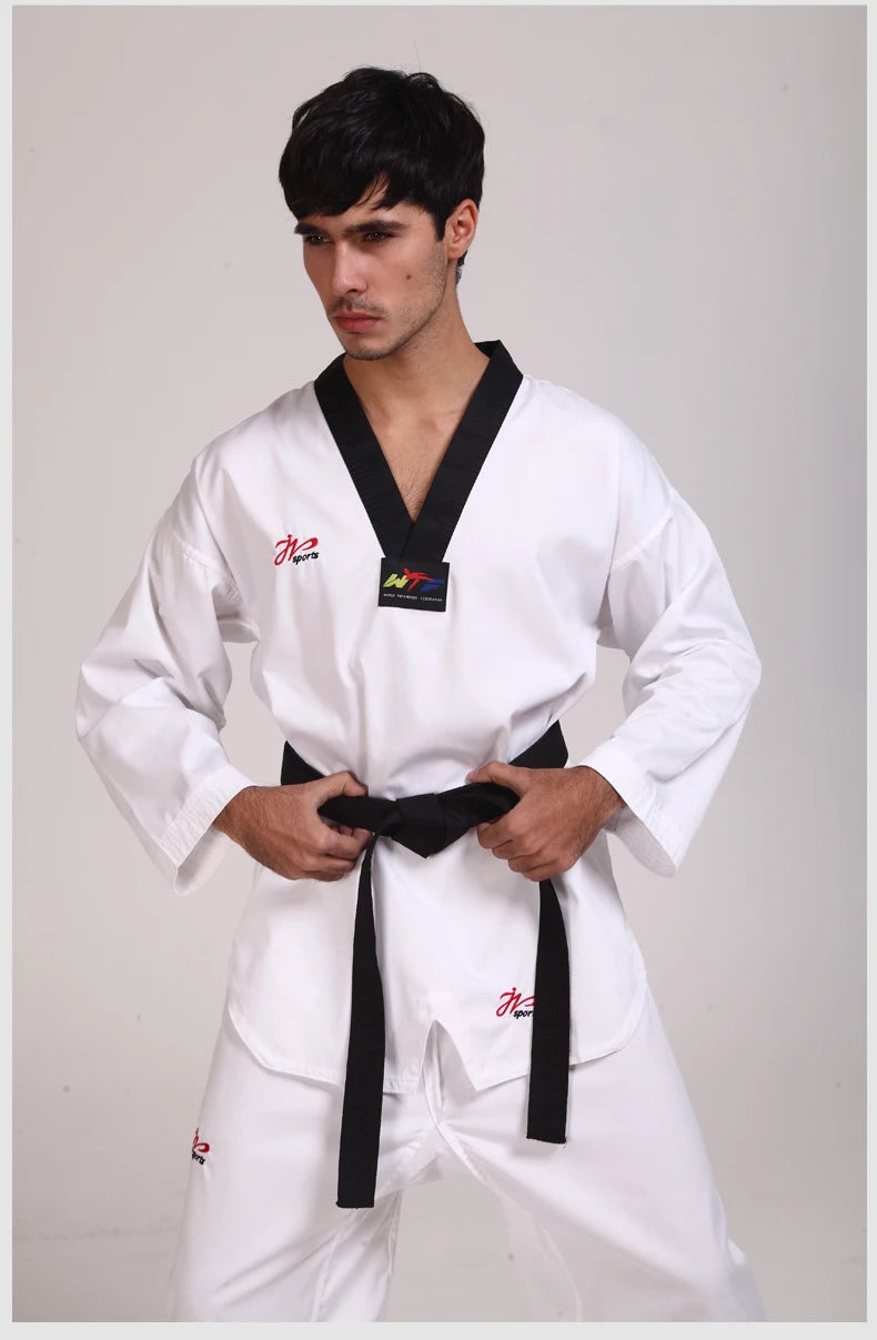 White Taekwondo Uniform For Competition Daily Training WTF Logo Karate Judo Dobok Clothes Children Adult Unisex Martial Arts Gi