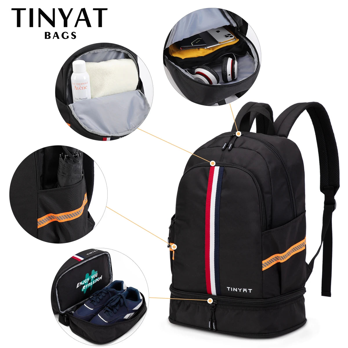TINYAT Sports Backpack Women's Waterproof Bag Purse Back to School Men's Foldable Travel Backpack with Shoe Storage for Gym