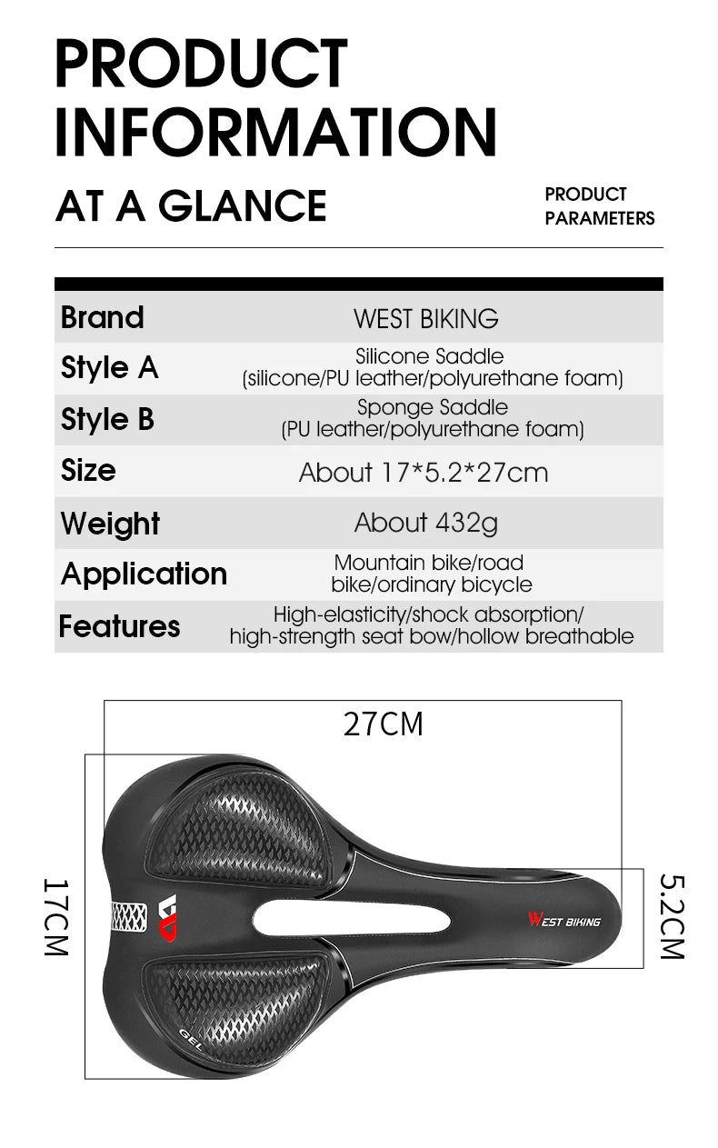 🚴♂️ WEST BIKING Gel Silicone Bicycle Saddle – Ultimate Comfort & Shock Absorption | Breathable, Hollow MTB & Road Bike Seat 🌟