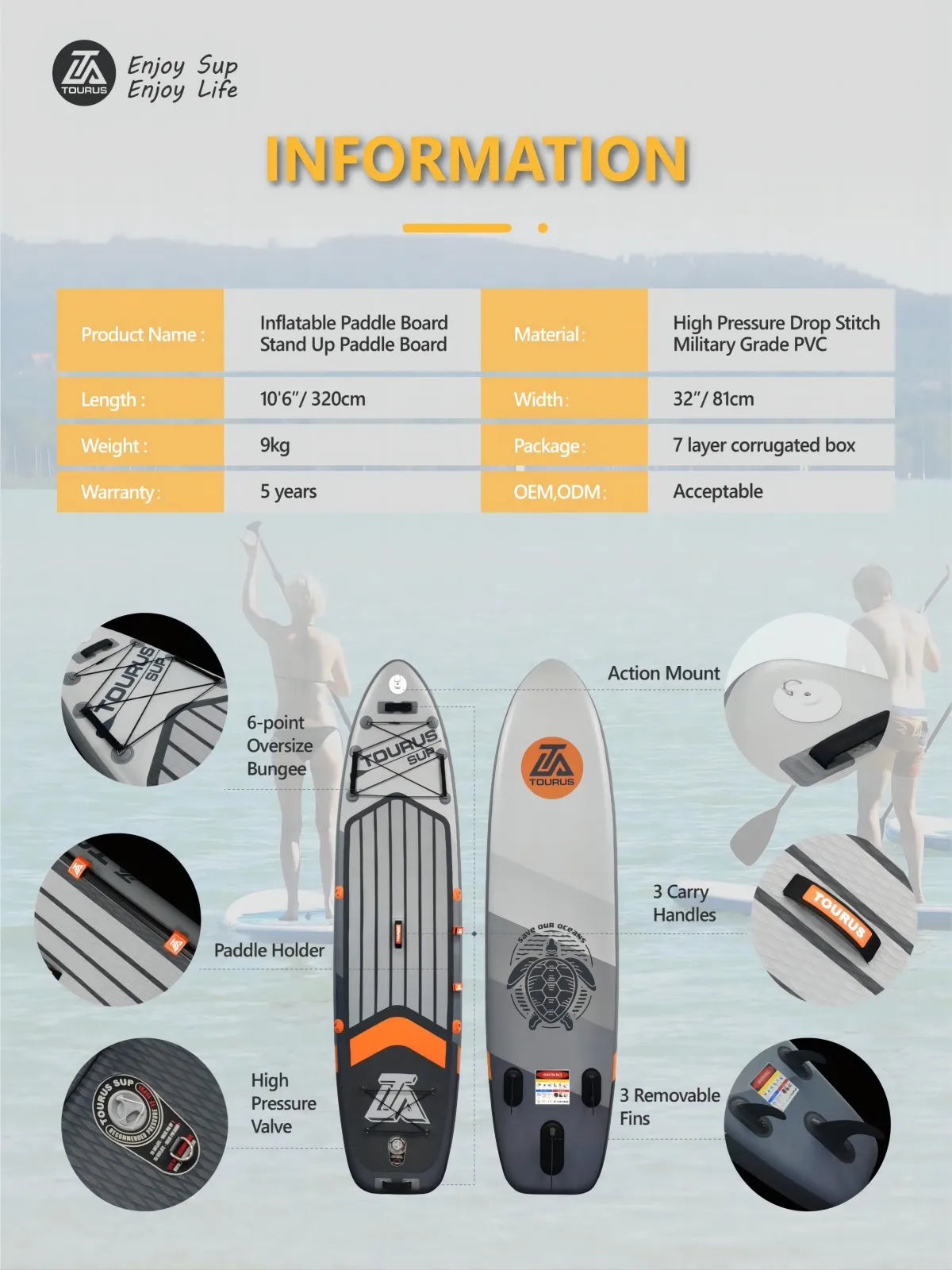 đ TOURUS Gray Paddle SUP Board â Inflatable Stand Up Paddle Board | 10.6 Feet, 32 Inches, with Camera Base đž