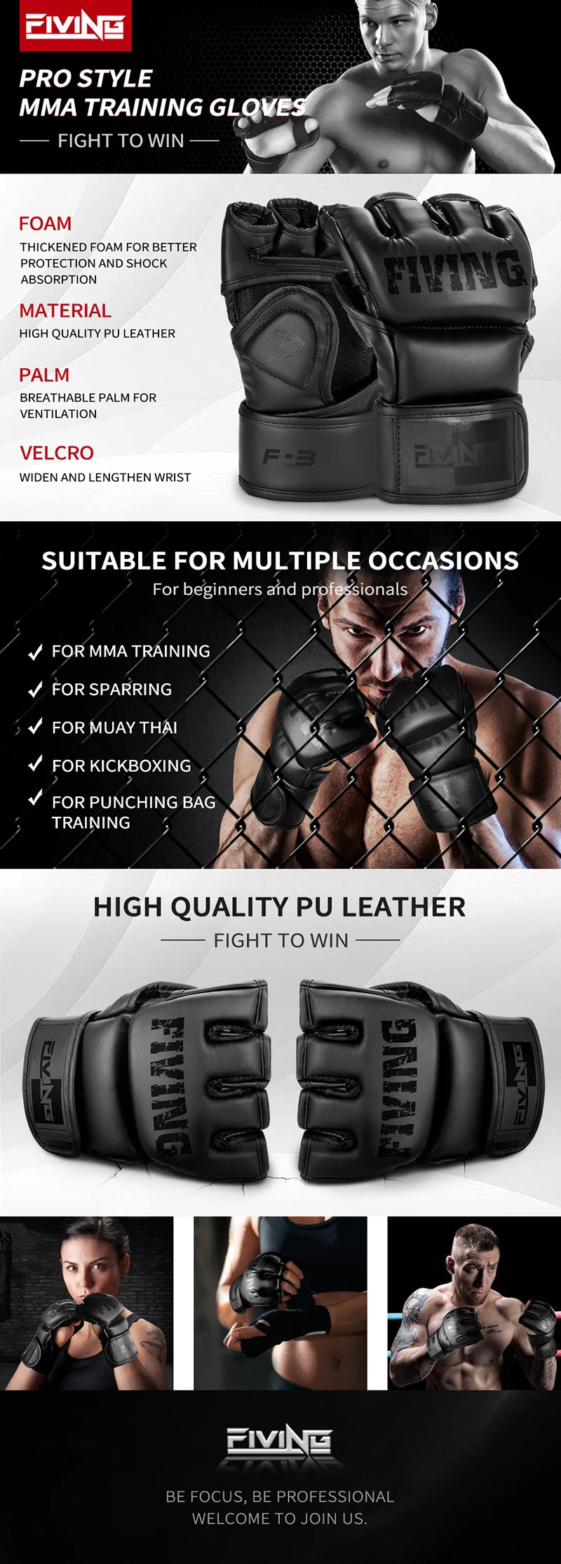 FIVING Half Finger Boxing Gloves – PU Leather MMA, Kickboxing, Karate & Muay Thai Training Gloves