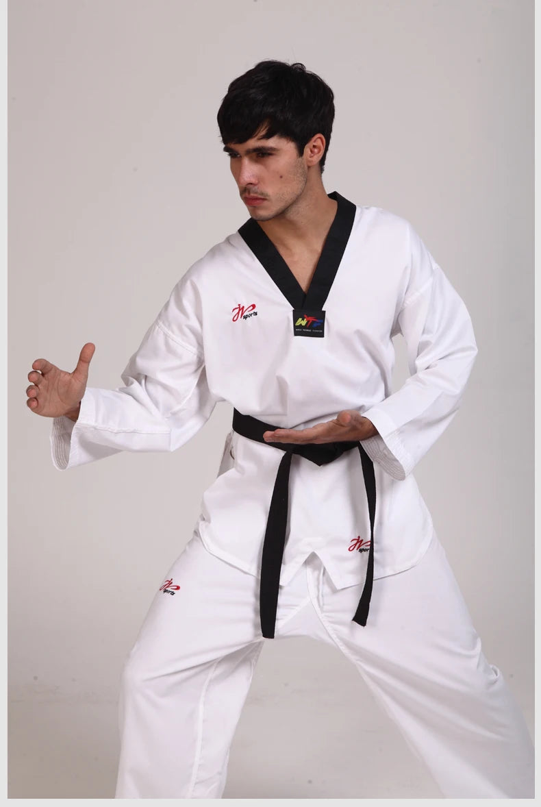 White Taekwondo Uniform For Competition Daily Training WTF Logo Karate Judo Dobok Clothes Children Adult Unisex Martial Arts Gi