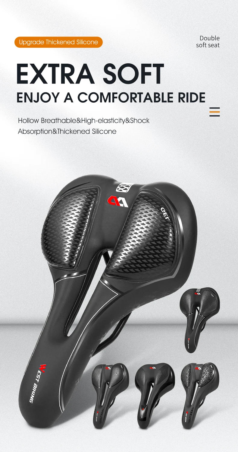 🚴♂️ WEST BIKING Gel Silicone Bicycle Saddle – Ultimate Comfort & Shock Absorption | Breathable, Hollow MTB & Road Bike Seat 🌟