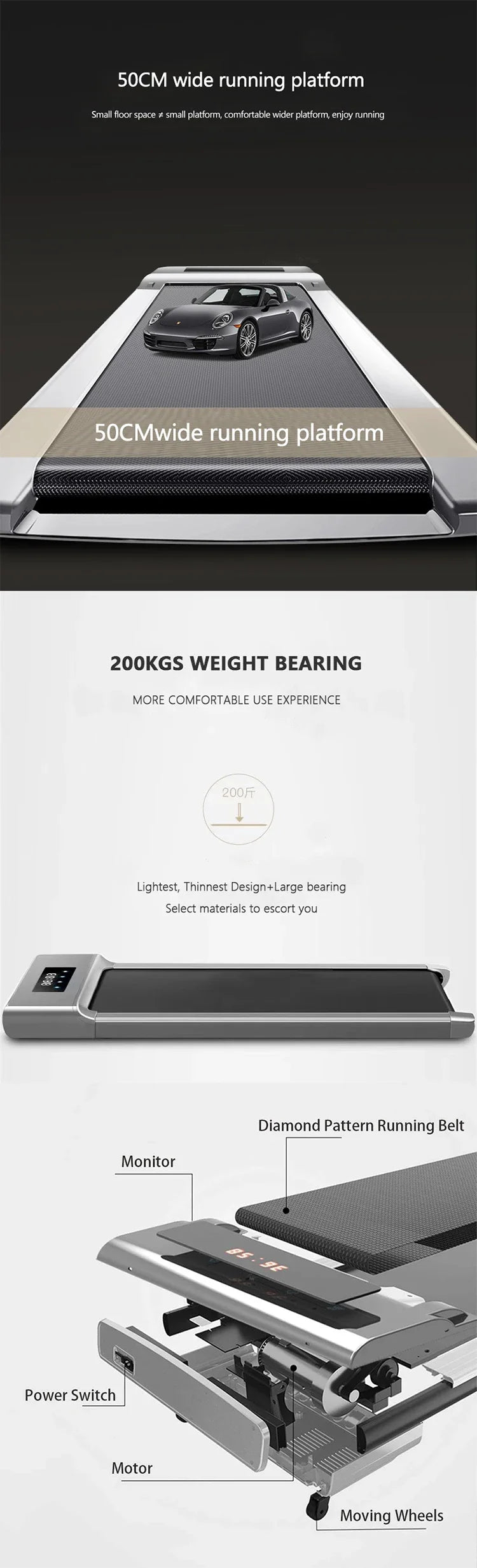 Folding Running Treadmill – Quiet Mini Walking Pad with Wide Belt for Compact Home Gym Fitness