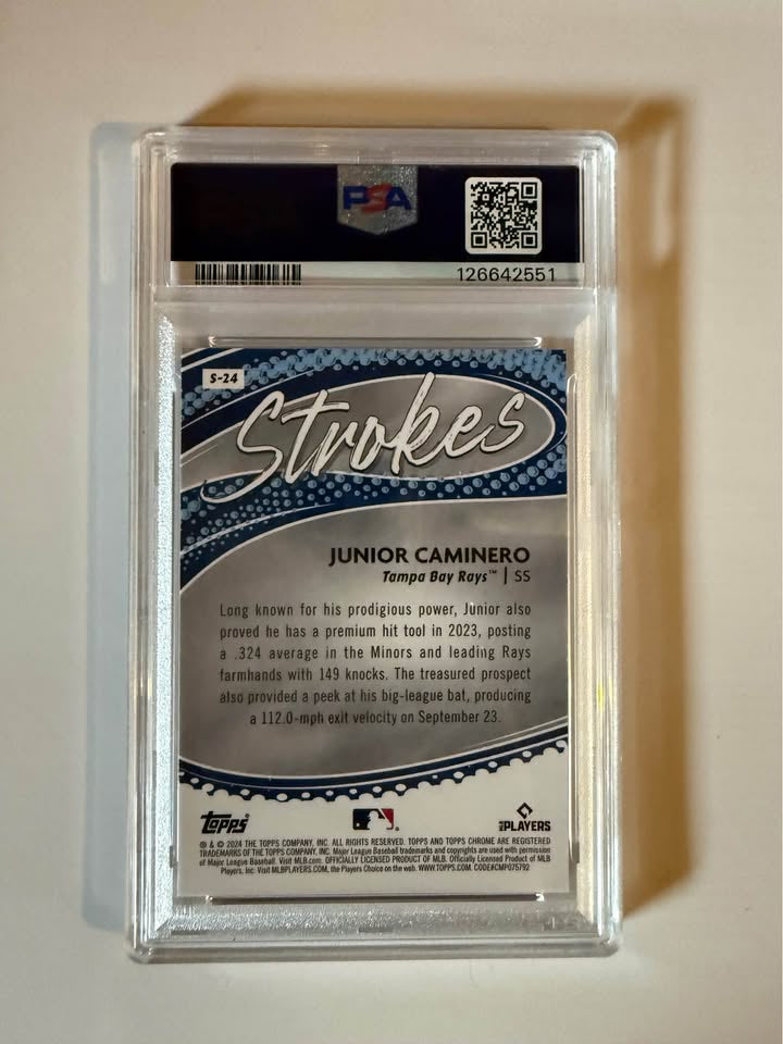 2024 Topps Chrome Strokes Junior Caminero Rookie Card PSA 9 Mint – Rising MLB Star Collectible