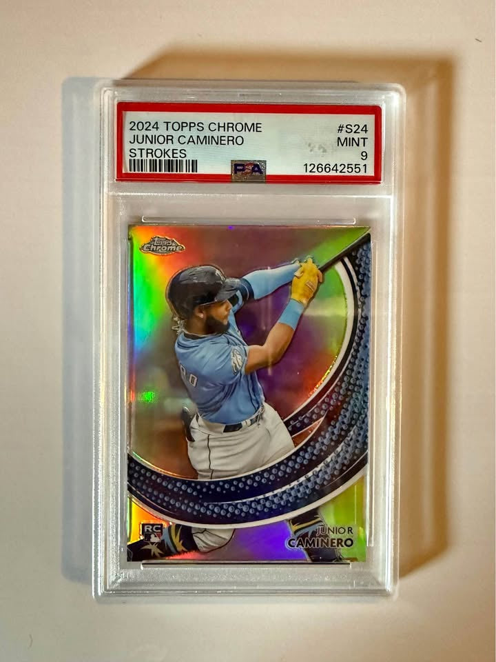2024 Topps Chrome Strokes Junior Caminero Rookie Card PSA 9 Mint – Rising MLB Star Collectible
