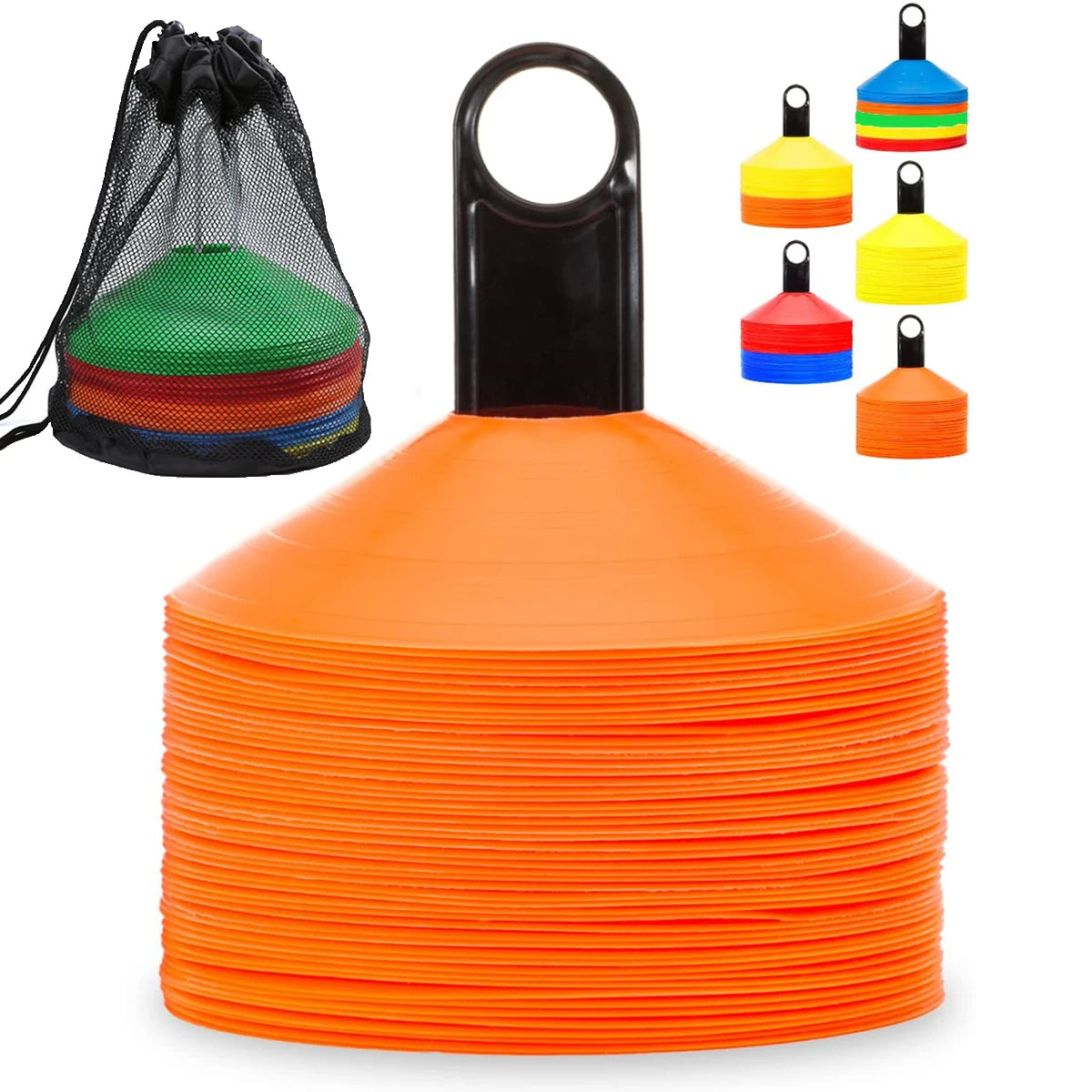 Set of 50 Agility Soccer Cones With Carry Bag, Logo Disc, and Holder for Training Football, Kids Sports Field Cone Markers