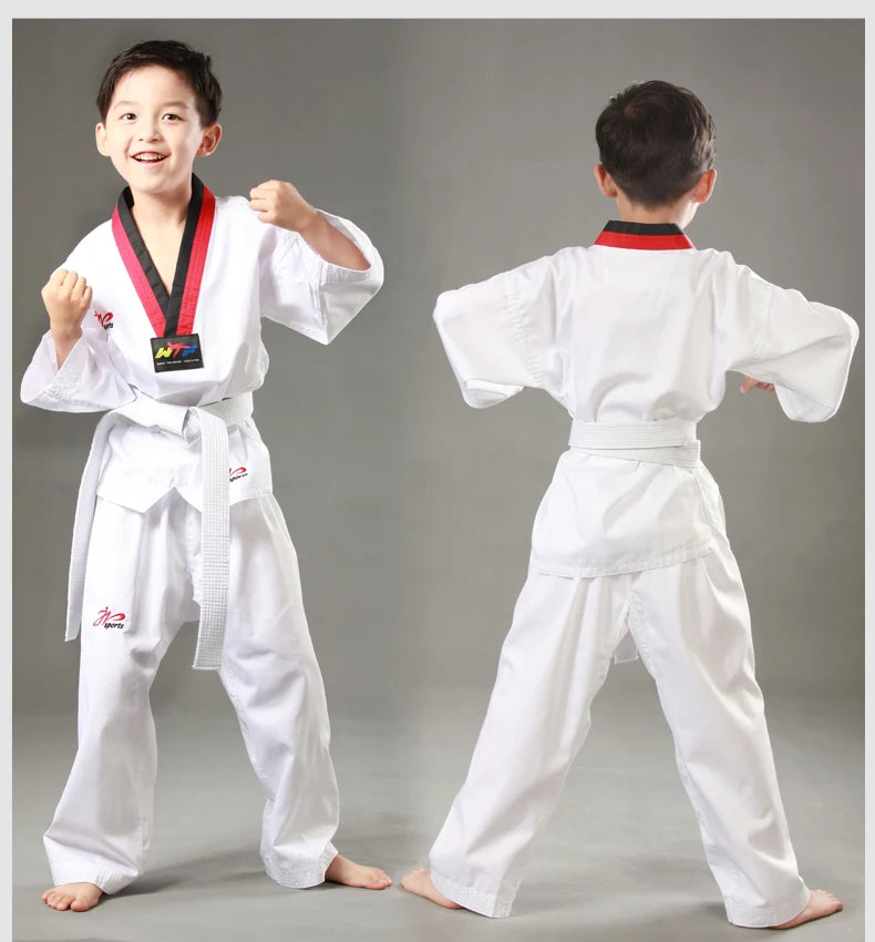 White Taekwondo Uniform For Competition Daily Training WTF Logo Karate Judo Dobok Clothes Children Adult Unisex Martial Arts Gi