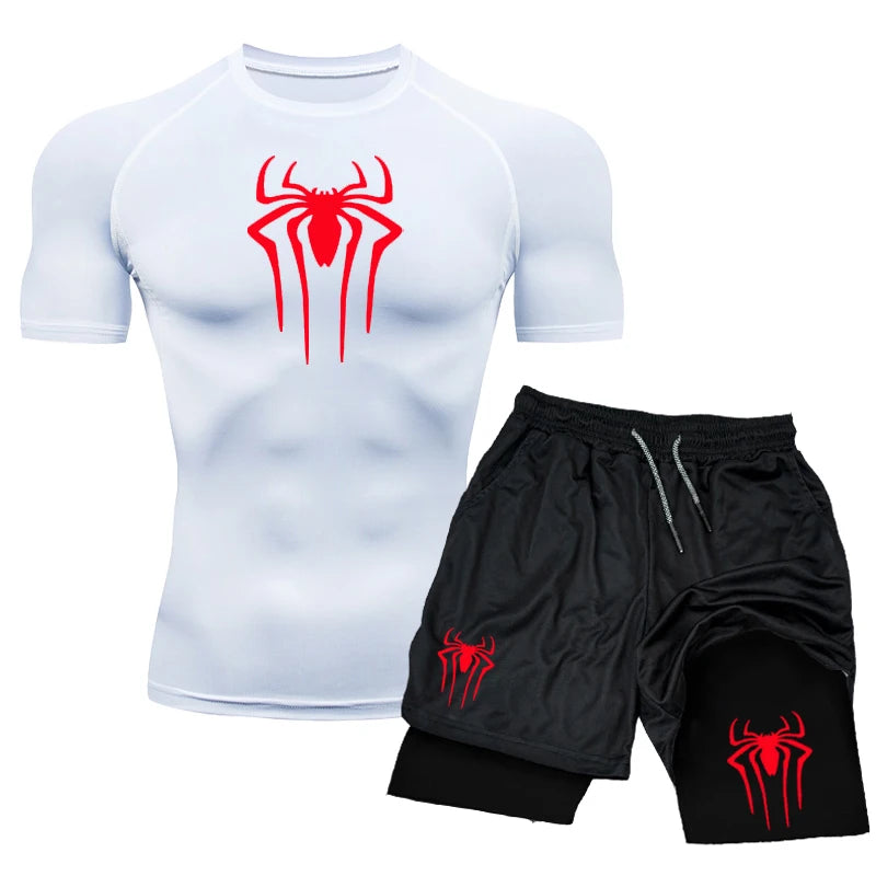 🕷️ New Compression Set | Spider Print Sportwear for Men | Quick-Dry Gym Shorts & Shirt