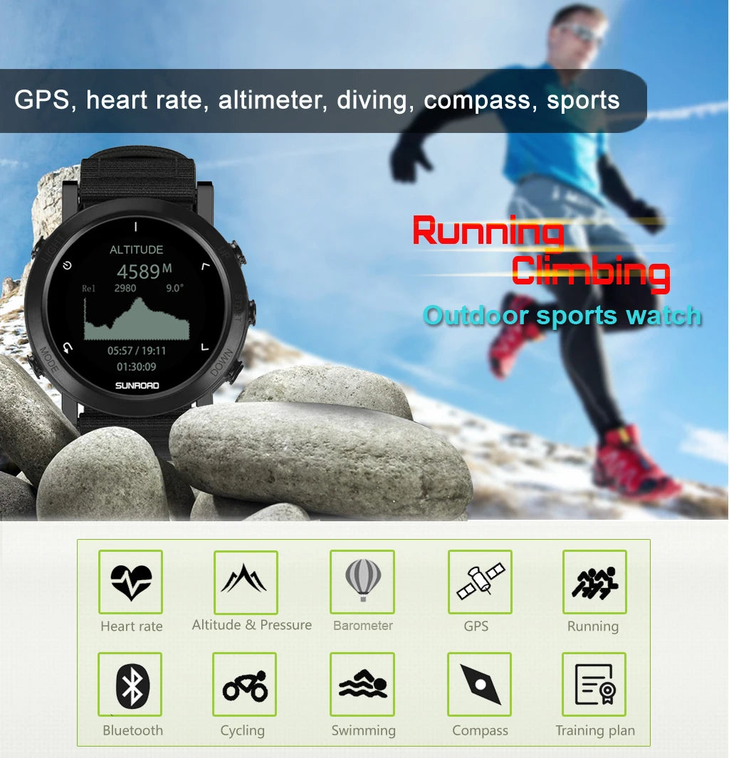 Sunroad GPS Sports Smart Watch - 100m Waterproof Fitness Tracker with Altimeter, Compass, Barometer for Cycling & Mountaineering