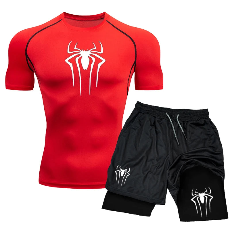 🕷️ New Compression Set | Spider Print Sportwear for Men | Quick-Dry Gym Shorts & Shirt