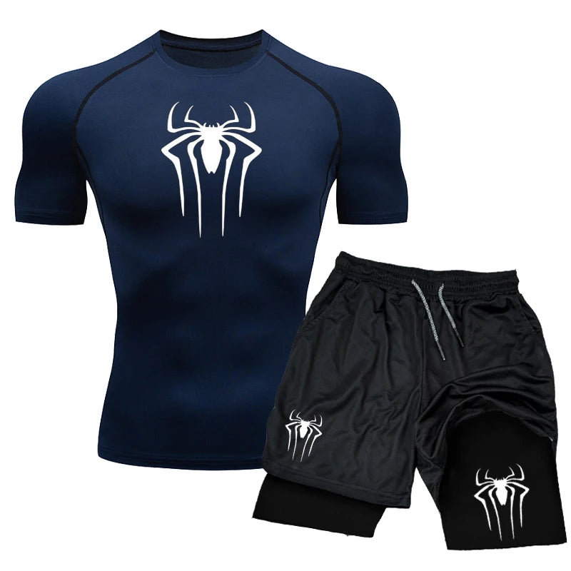 🕷️ New Compression Set | Spider Print Sportwear for Men | Quick-Dry Gym Shorts & Shirt