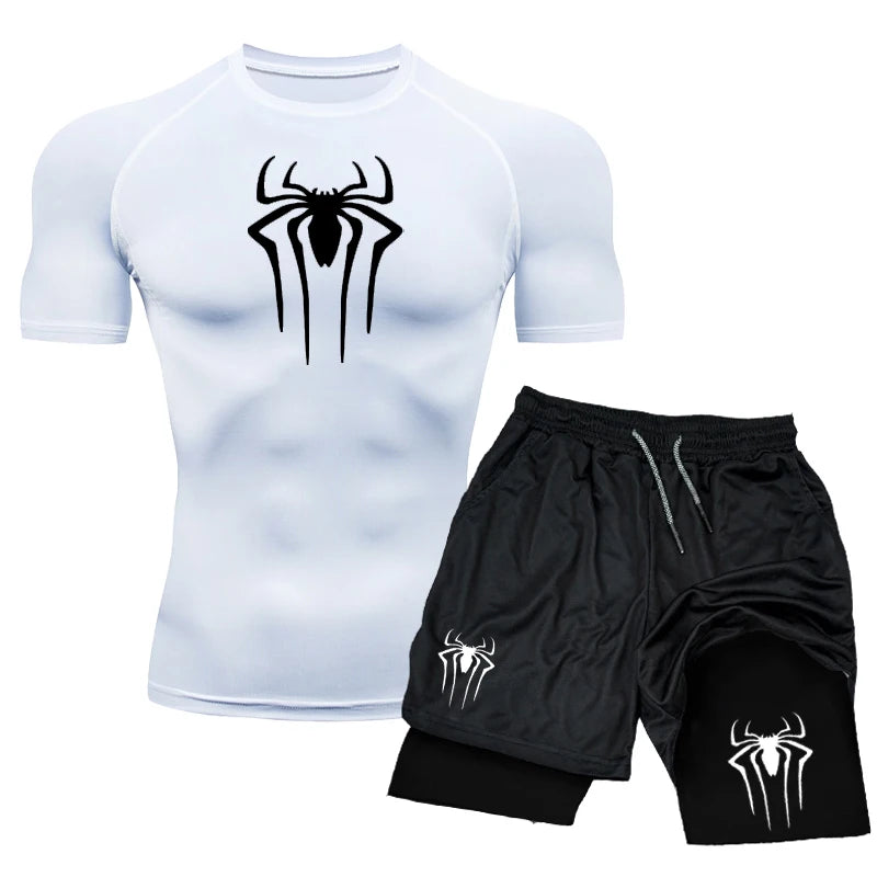 🕷️ New Compression Set | Spider Print Sportwear for Men | Quick-Dry Gym Shorts & Shirt