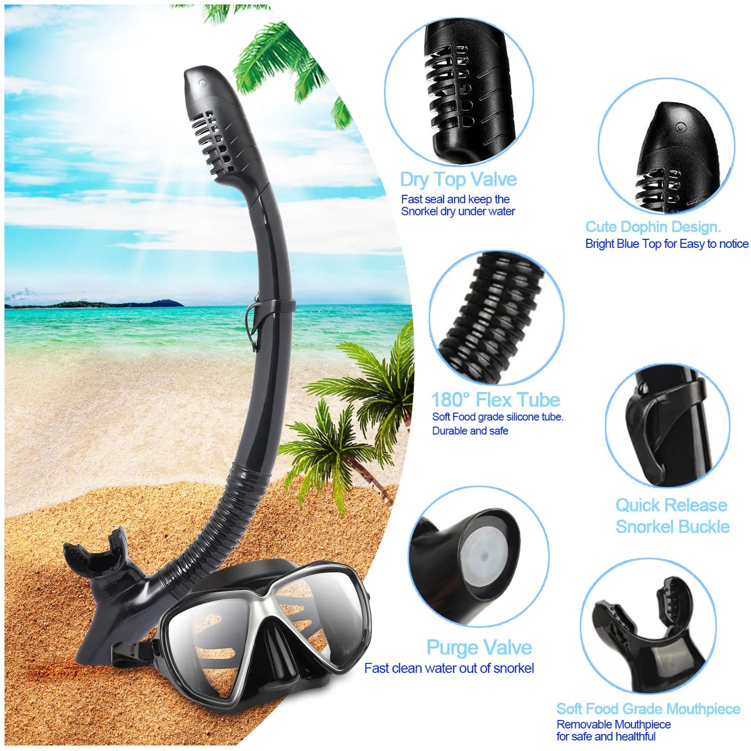 EXP VISION Dry Snorkel Set with Anti-Fog Panoramic Mask
