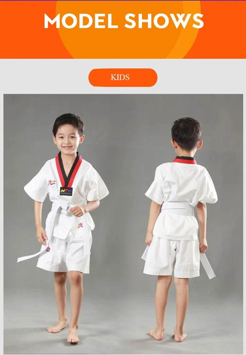 White Taekwondo Uniform For Competition Daily Training WTF Logo Karate Judo Dobok Clothes Children Adult Unisex Martial Arts Gi