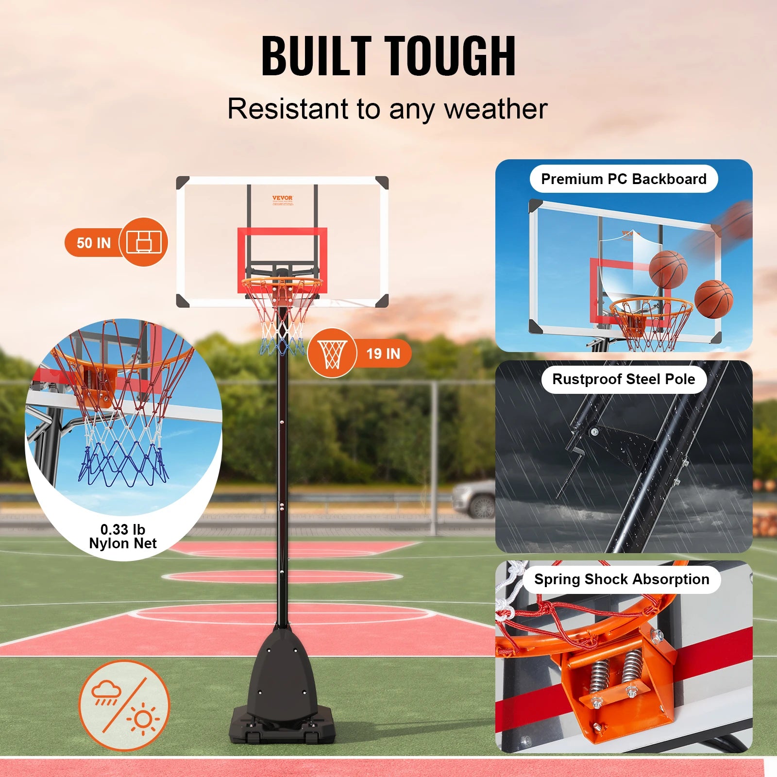 VEVOR Adjustable Height Portable Basketball Hoop - 7.6-10 ft