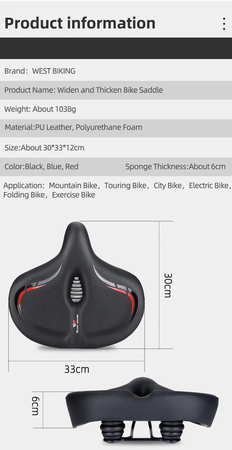 🚴‍♂️ WEST BIKING Widened & Thickened Bicycle Saddle – Soft Shock Absorption | Oversize MTB & Road Cycling Cushion 🌟