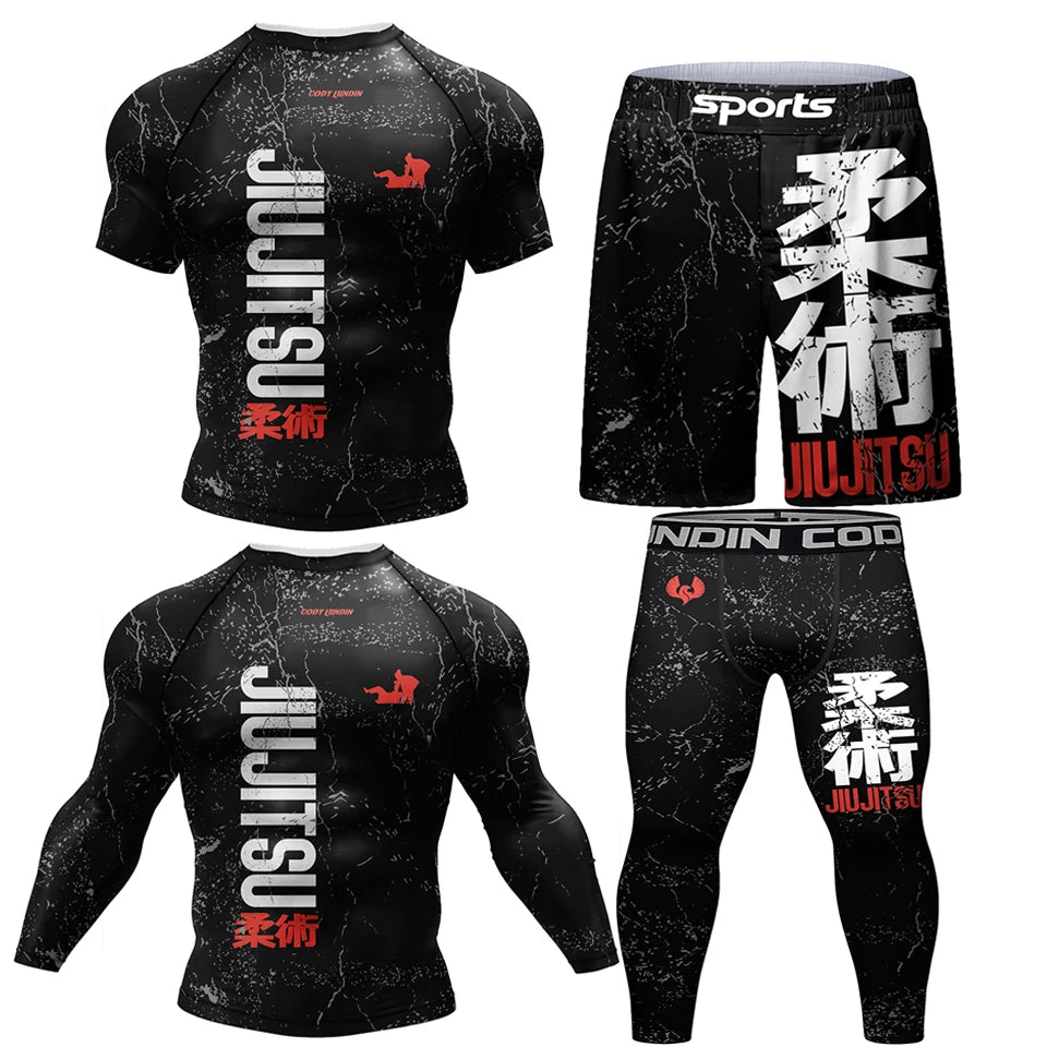 Jiu Jitsu Rashguard Set | 4-Piece MMA, Muay Thai, BJJ Sportswear | T-Shirt + Pants + Shorts