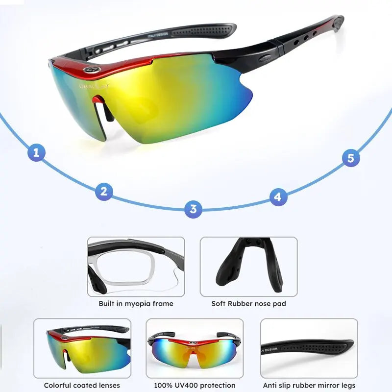 🚴‍♂️ Latest Cycling Sports Glasses | 5 Pcs Replaceable HD Lenses | Outdoor Polarized Goggles