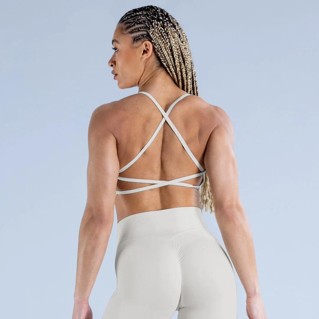 Dynamic Backless Sports Bra With Logo Women Seamless Yoga Top Bra Medium Support Padded Gym Crop Top Stretchy Fitness Sports Top