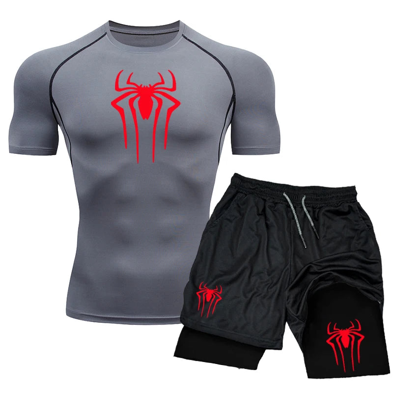 🕷️ New Compression Set | Spider Print Sportwear for Men | Quick-Dry Gym Shorts & Shirt