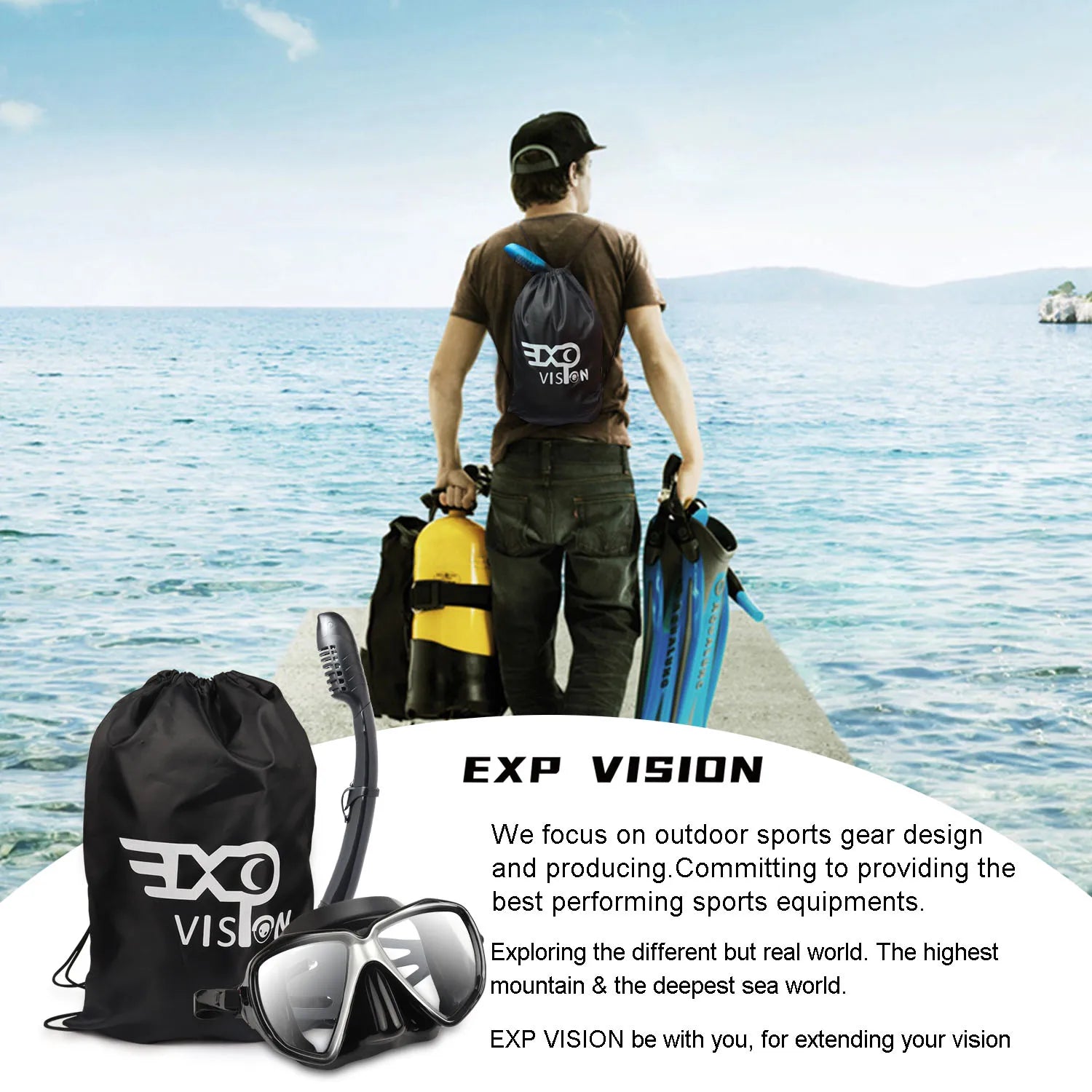 EXP VISION Dry Snorkel Set with Anti-Fog Panoramic Mask