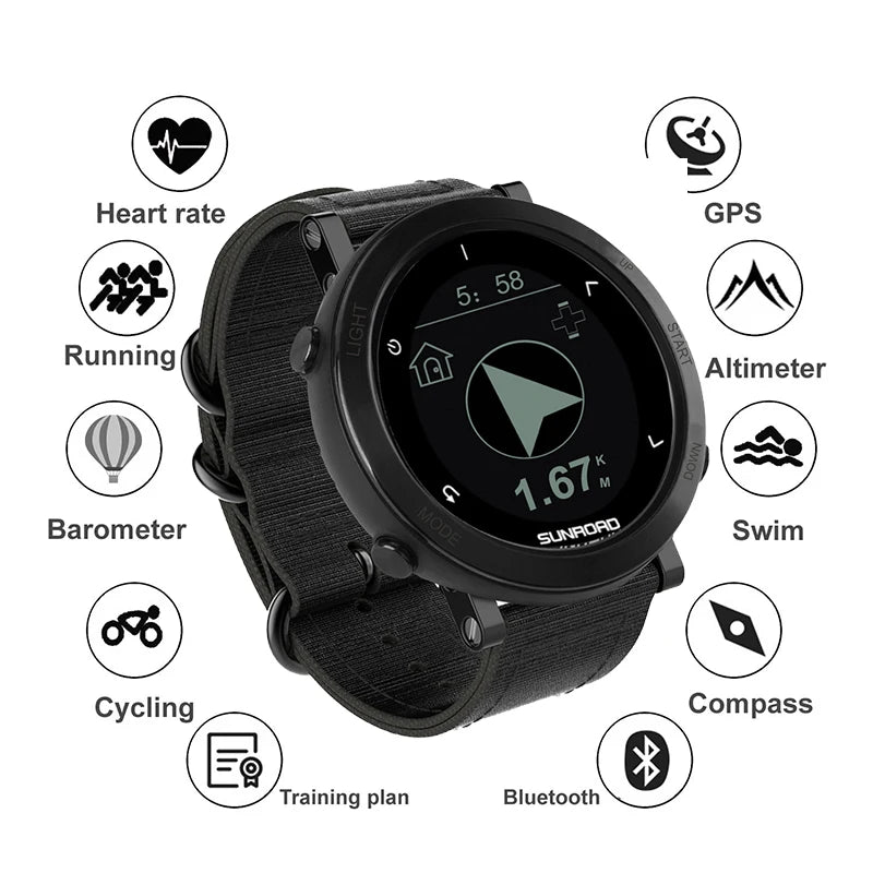 Sunroad GPS Sports Smart Watch - 100m Waterproof Fitness Tracker with Altimeter, Compass, Barometer for Cycling & Mountaineering