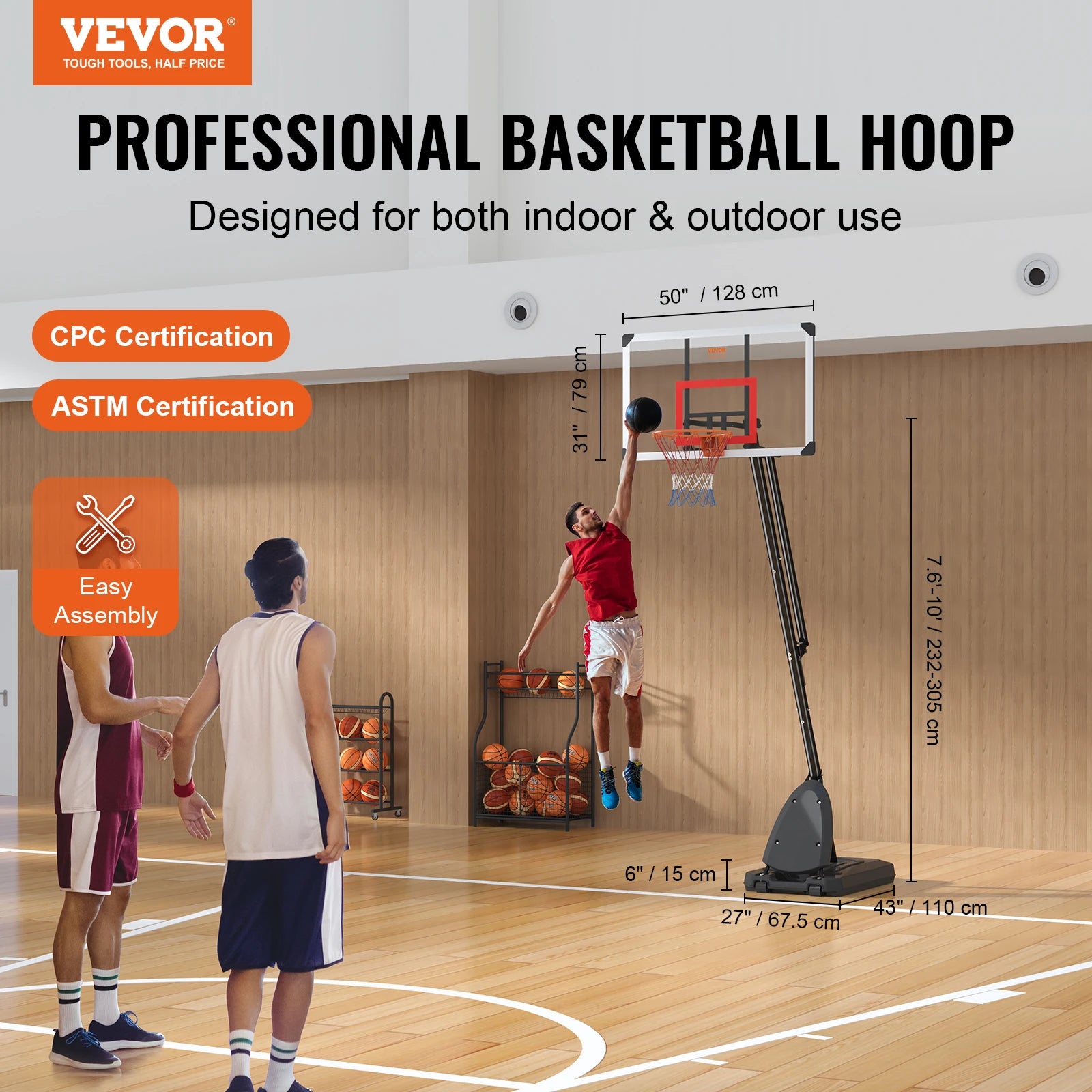 VEVOR Adjustable Height Portable Basketball Hoop - 7.6-10 ft