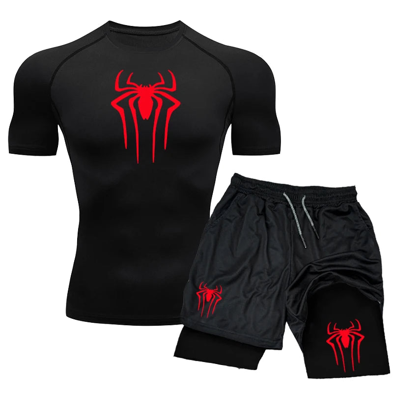 🕷️ New Compression Set | Spider Print Sportwear for Men | Quick-Dry Gym Shorts & Shirt