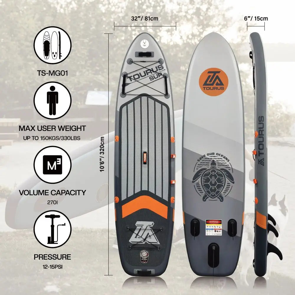 🌟 TOURUS Gray Paddle SUP Board – Inflatable Stand Up Paddle Board | 10.6 Feet, 32 Inches, with Camera Base 📸