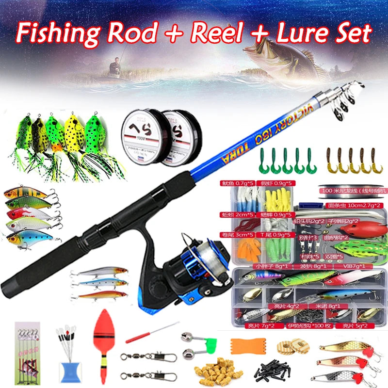 🎣 Complete Fishing Rod Combo Kit - 1.8M Telescopic Rod, Spinning Reel, Baits, Lures, and Accessories 🎣